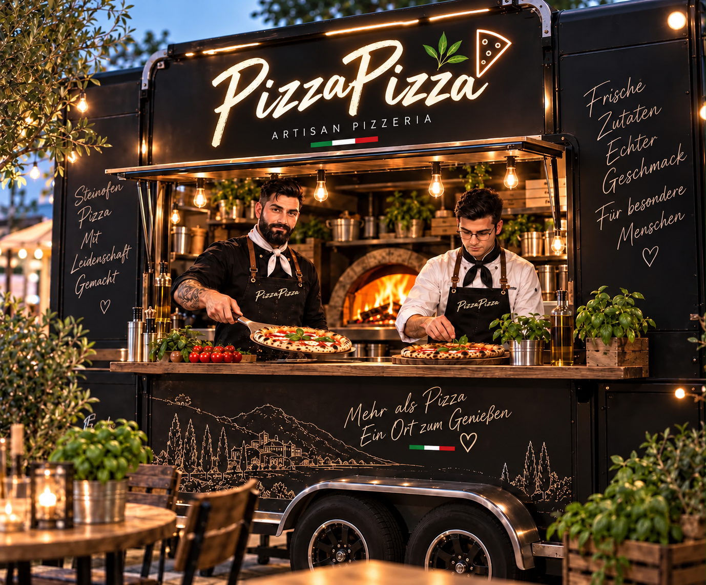 Pizza Pizza Pizza-Wagen aus dem Steinofen bei Nacht